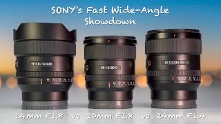 Sony fast wideangle lens showdown  14mm F18 GM vs 20mm F18 G vs 24mm F18 GM  side by side [upl. by Tiossem]