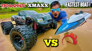 RC Jetblack Traxxas Xmaxx Hydroplane vs Super Fast Boat  Chatpat toy tv [upl. by Nuahsyd534]