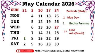 May Calendar 2026 maycalender2026 [upl. by Acimahs]