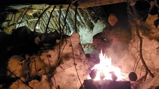 Solo Camping During a SNOWSTORM  Building a Primitive Shelter for Survival  Bushcraft Skills ASMR [upl. by Idnis]