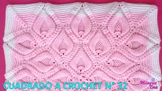 VIDEO COMPLETO de Como tejer el cuadrado N° 32 a crochet en punto hojas rellenas en relieve y espiga [upl. by Nunci]