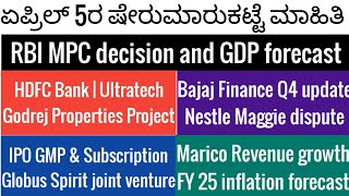 5 April stock market newsRBI MPC meetingNestleHDFC BankBajaj financeGlobus spiritMaricoIPO [upl. by Eimaraj]