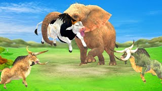 African Elephant vs 2 Bulls Fight Save Cow Cartoon From Elephant Attack Animal Fight Club [upl. by Pearlman97]