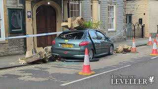 Car crashes into stone porch outside Langport hotel [upl. by Aicenod]