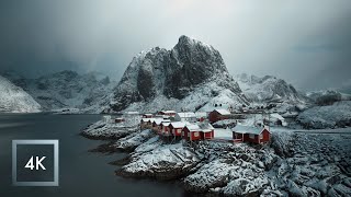 Snowfall in The Lofoten Islands Norway Nature Sounds for Sleep Hamnøy and Reine  4K [upl. by Eilrebma]