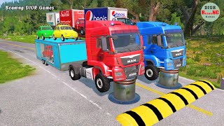 Double Flatbed Trailer Truck vs speed bumpsBusses vs speed bumpsBeamng Drive1003 [upl. by Selemas679]