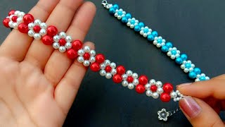 Simple amp Beautiful Pearl Flower BraceletBeaded Bracelet Making How To Useful amp Easy [upl. by Nodnorb603]