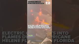 Car bursts into flames during Hurricane Helene flooding in Florida [upl. by Yrreiht]