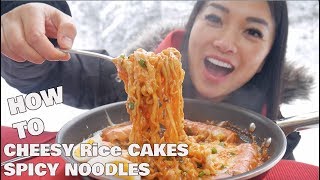 SNOW DAY  CHEESY RICE CAKE  SPICY NOODLES  LETS EAT  SASVlogs How to recipe [upl. by Anasxor]