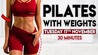 PILATES WITH WEIGHTS sculpt amp tone  30 minute Home Workout [upl. by Ettenej]