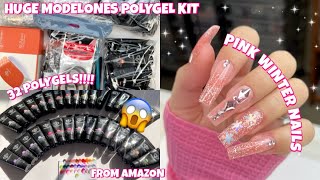 TRYING A HUGE MODELONES POLYGEL NAIL STARTER KIT FROM AMAZON  130 ITEMS  BEGINNER POLYGEL KIT [upl. by Oiluj703]