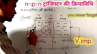 npn ट्रांजिस्टर की क्रियाविधि working of npn transistornpn transistor in hindinpntransistor in [upl. by Rehm801]