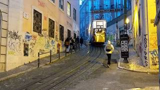 Lisbons Ascensor da Glória funicular railway at night HD [upl. by Hugo]