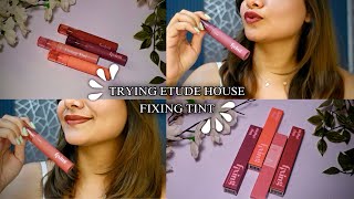 Trying Etude house fixing lip tint review 🌸midnight mauvemellow peachsoft walnutrose lilac [upl. by Anev297]