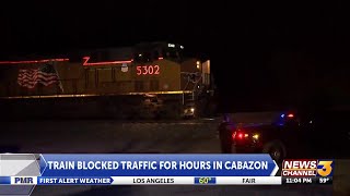 Train stoppage blocks traffic in Cabazon for several hours [upl. by Euqinor]