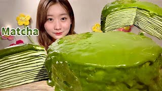 ASMR Matcha Crepe Cake【Mukbang Eating Sounds】【English subtitles】 [upl. by Ellasal]