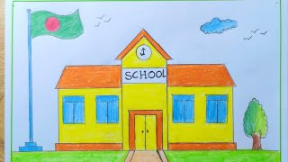 Easy School Scenery Drawing 🏫 My School Art 🎨 Color a School step by step part 2 [upl. by Yroffej18]