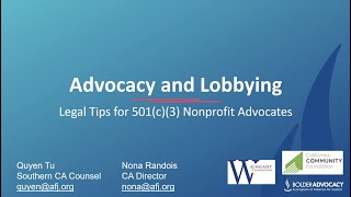 Advocacy and Lobbying Legal Tips for 501c3 Nonprofit Advocates [upl. by Goltz7]