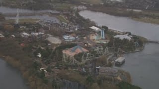 Thorpe Park surrounded by water Floods hit theme park in the Thames Valley [upl. by Serle]