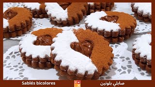 Sablés fourrés bicolores au cacao et sucre glace وصفة الصابلي بديكور سكر كاكاو محشي بكريمة الطلي [upl. by Ardeid]