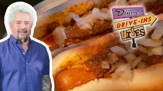 Guy Fieri Eats Hotdogs amp quotCrazy Meat Concoctionquot Sauce  Diners DriveIns and Dives  Food Network [upl. by Acirne]