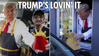 Donald Trump works at McDonald’s as he dons apron amp makes French fries on MAGA campaign trail [upl. by Jehovah106]