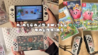 Unboxing Nintendo Switch OLED in 2024 ꒰ cute accessories playing acnh kirby games ꒱ [upl. by Elrahc436]