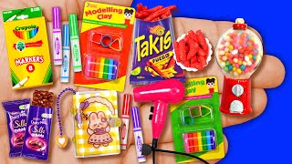 13 DIY Doll Miniatures for Barbie Mini Foods Crafts Clay Gumball Crayola Takis Bubbly Hair Dryer [upl. by Fredra]