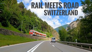 Rail Meets Road  4K Drive Switzerland  Swiss Alps Roads  Alpine Roads [upl. by Ynej248]