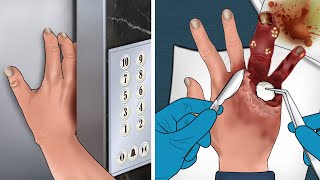 ASMR Animation Treatment of hand injuries caused by stuck elevator doors [upl. by Aynos]