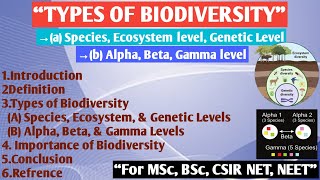 Types of Biodiversity  Species Ecosystem level Genetic Level  Alpha Beta Gamma level [upl. by Eugor]