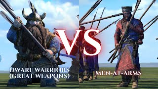 WARHAMMER III Total War  Dwarf Warriors Great Weapons VS Men At Arms Polearms [upl. by Marucci866]