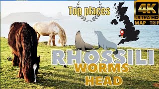 Rhossili Bay  Worms Head  4K  map  Wales  Drone [upl. by Rieger]