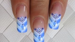 NailArt Design SIMPLE One Stroke Tutorial  in blau  weiss mit Strasssteinchen 23 [upl. by Bensky]