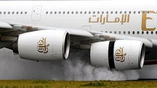 A380 FULL thrust reverse on a wet runway Emirates A6EDS  AMS Schiphol [upl. by Urba]