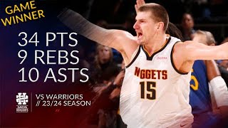 Nikola Jokic 34 pts 9 rebs 10 asts vs Warriors 2324 season [upl. by Bernardo192]