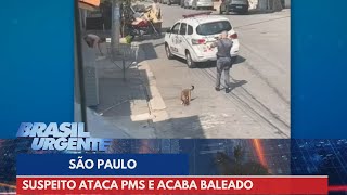 Suspeito ataca PMs e acaba baleado nas pernas  Brasil Urgente [upl. by Aicertap400]