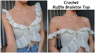 Crochet Ruffle Bralette Top Tutorial  Chenda DIY [upl. by Arammahs]