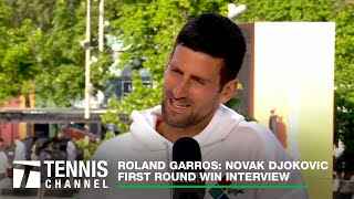 Novak Djokovic Praises NBA Star Nikola Jokic After Win  2023 Roland Garros First Round Interview [upl. by Kunz352]