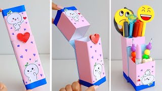 how to make paper pencil box and pen holder  paper pencil box  Diy pen holder  School crafts DIY [upl. by Ellocin]