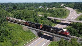 Nice Aerial 4K View Long amp Heavy Potash Train CN B730 wRear DPUs at Berry Mills NB at Track Speed [upl. by Canada465]