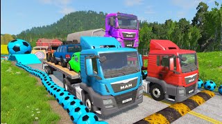 Double Flatbed Trailer Truck vs Speedbumps Train vs Cars  Tractor vs Train BeamngDrive 02 [upl. by Nerual619]