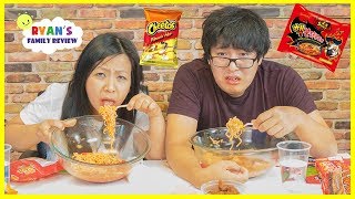 Extreme Spicy Noodle Challenge 2x Loser drinks Hot Sauce with Ryans Family Review [upl. by Kattie249]