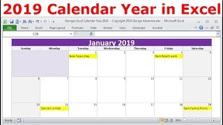 2019 Calendar Year in Excel 2019 Monthly Calendars Year 2019 Calendar with Holidays 2019 Planners [upl. by Wilona573]