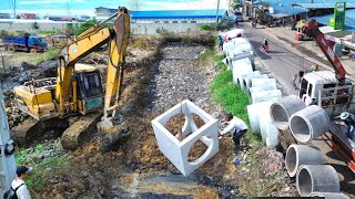 New Drainage System Construction Installing Reinforced Concrete Pipes On Dirt [upl. by Nonnah]