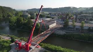 Rundflug um die fertig eingehobene temporäre Brücke [upl. by Atinuhs]