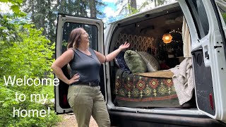 Living in my van  Full van tour 2010 Ford Econoline  Epic DIY upgrades 2024 solotravel vanlife [upl. by Ahsennek]