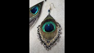 DIY tutorial Beaded Peacock Feather Earrings beautiful real feather amp beads [upl. by Leboff]