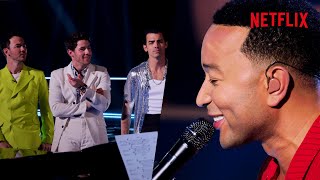 John Legend Roasts The Jonas Brothers In Song 🔥  Jonas Brothers Family Roast  Netflix [upl. by Hilario]