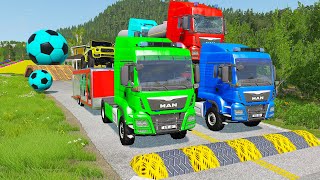 Double Flatbed Trailer Truck vs Speedbumps Train vs Cars  Tractor vs Train BeamngDrive 058 [upl. by Lally509]